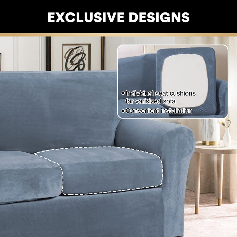PrinceDeco Velvet Plush Couch Cover Stretch 2 Piece Chair Cover Chair Slipcover Washable Furniture Protector Couch Soft with Elastic Bottom Armchair Cover Width Up to 49 Inch(Small,Stone Blue) - Image 5